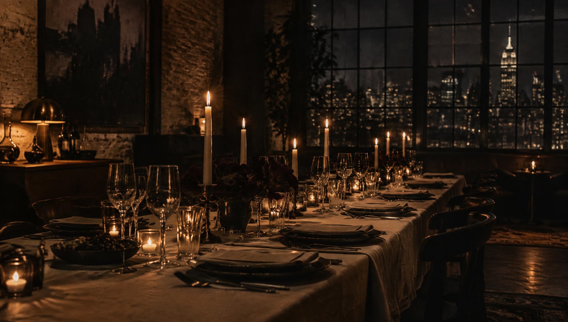 Candlelit dinner table overlooking the New York skyline